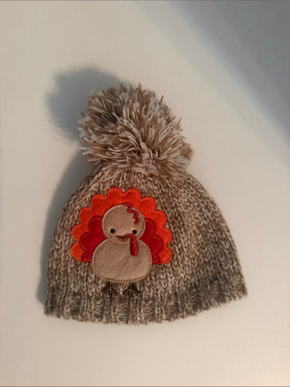Little Me Beige Knit Pom-Pom Hat with Turkey Patch